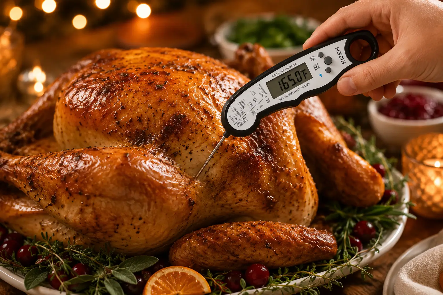 Digital meat thermometer inserted into roasted turkey