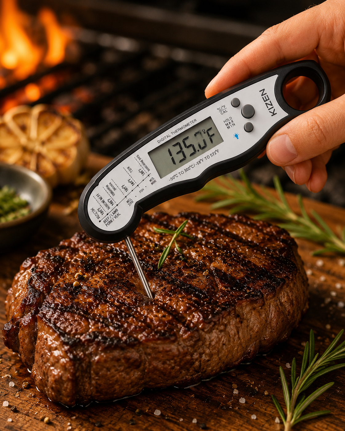 KIZEN digital meat thermometer checking roasted turkey