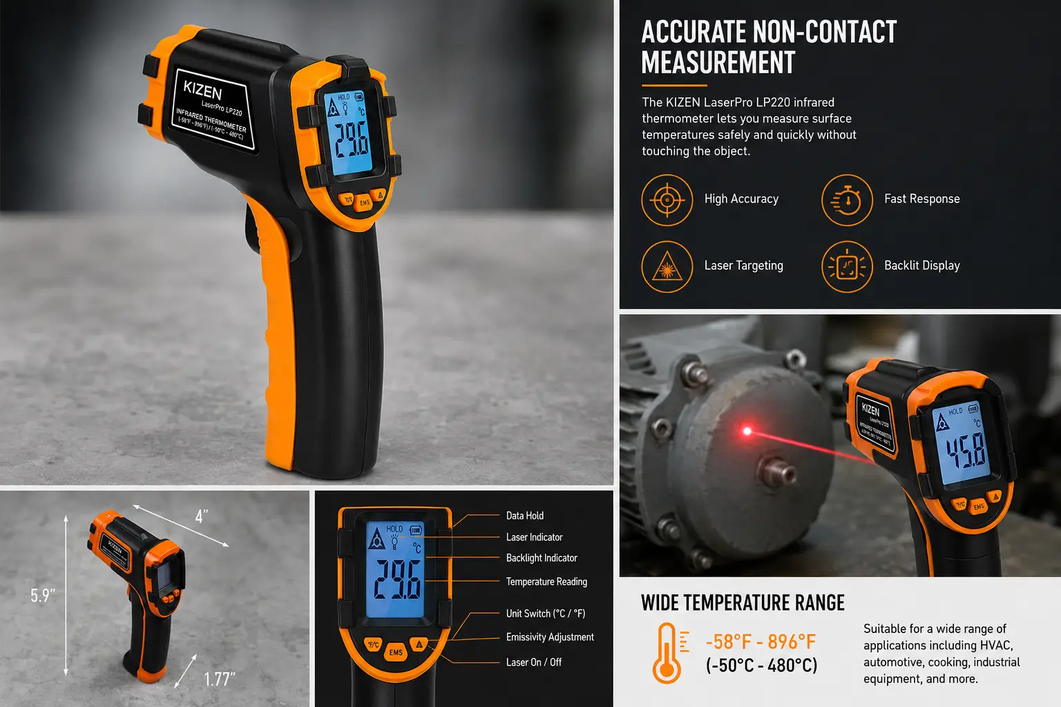 KIZEN infrared thermometer aimed toward turkey inside an oven