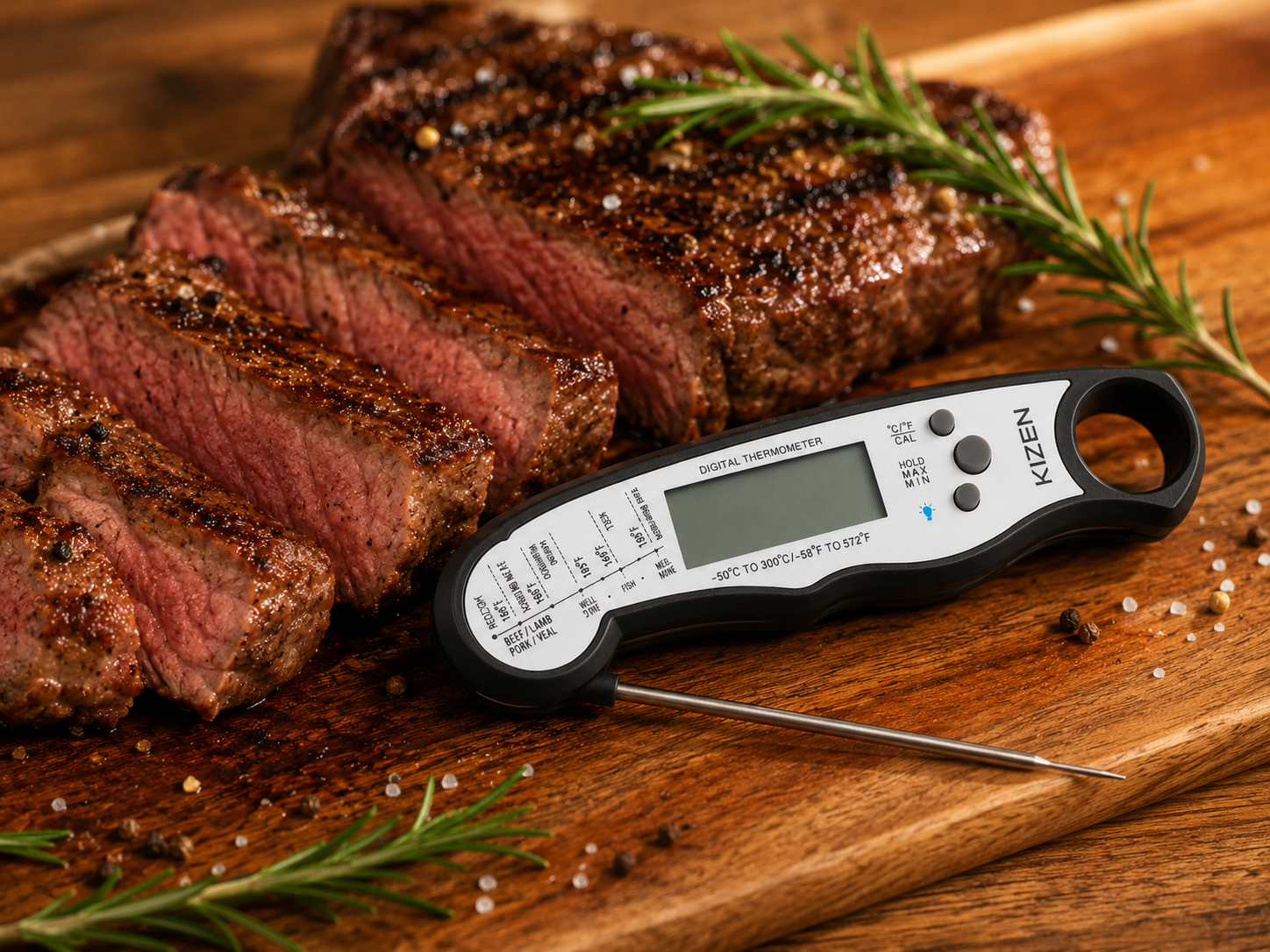 KIZEN digital meat thermometer beside sliced steak on a cutting board