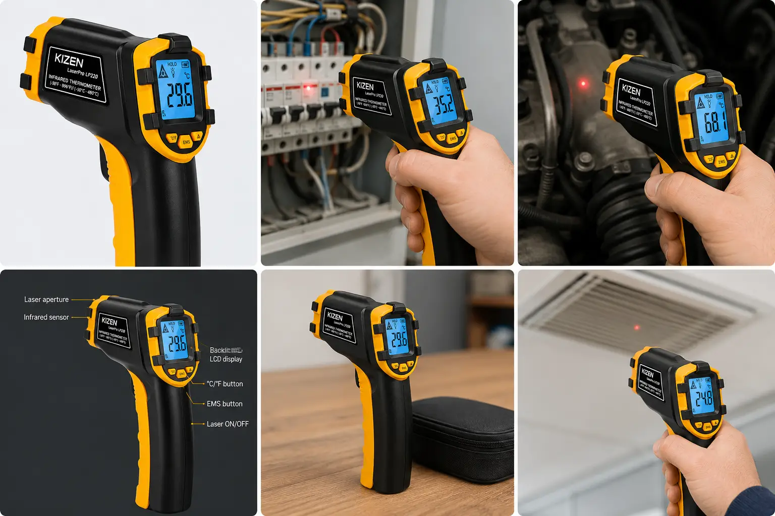 KIZEN infrared thermometer product detail collage